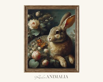 Vintage Rabbit Print, Floral Animal Wall Art, Antique Style Bunny Painting