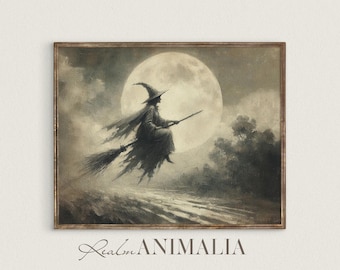 Witch on Broomstick Art Print: Spooky Neutral Halloween Wall Decor (Digital Download)
