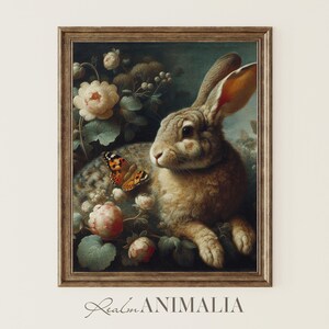 Rabbit Art Print, Moody Vintage Spring Decor, Antique Style Bunny Painting, Easter Printable Wall Art, Cottagecore Animal Art Prints | BR001