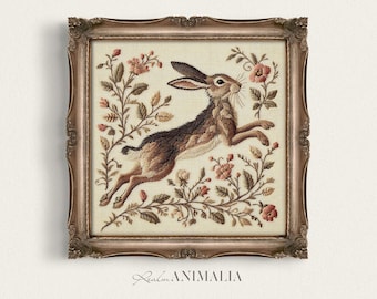 Botanical Rabbit Embroidery Art Print: Vintage Floral Tapestry (Digital Print) EM046