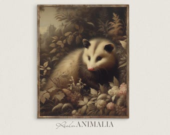 Vintage Opossum Print, Botanical Animal Wall Art, Antique Style Possum Painting