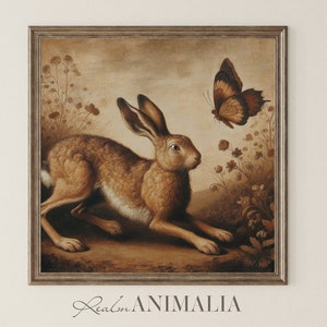 Hare Square Art Print, Fall Autumn Wall Decor, Vintage Rabbit Printable Wall Art, Moody Rustic Wildlife Nature Painting, Animal Art | HR007