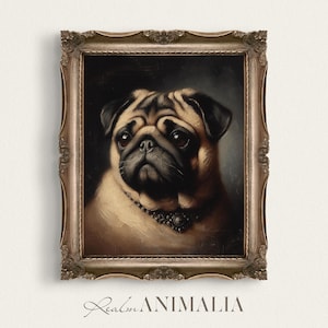 Pug Portrait Painting, Printable Pug Dog Wall Art, Pug Fine Art Print, Vintage Style Pet Portrait, Fawn Pug Digital Download Art | PG003