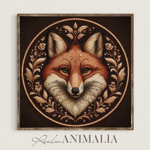 Fox Textile Embroidery Print, PRINTABLE Square Vintage Moody Fox Wall Tapestry, Botanical Forest Animal Fabric Art Digital Download |EM040