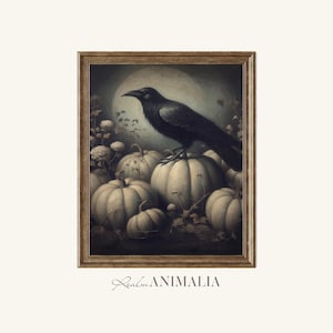 Crow and Pumpkin Patch Vintage Art Print, Moody Fall Decor (Digital Download)