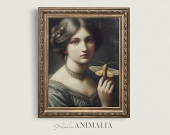 Victorian Woman Portrait with Moth, Moody Antique Art (Digital Download)