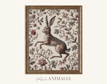 Vintage Hare Tapestry Art Print: Neutral Floral Embroidery (Digital Download)