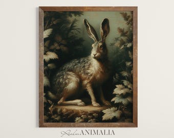 Vintage Rabbit Printable Painting | Moody Antique Hare Art Print | Cottage Farmhouse Rustic Hare Digital Download Rabbit Wall Decor | HR001