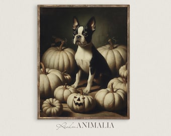 Vintage Boston Terrier Halloween Print: Autumn Dog Portrait (Digital Download)