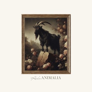 Vintage Black Goat Art Print, Moody Cottagecore Animal Painting (Digital Download)