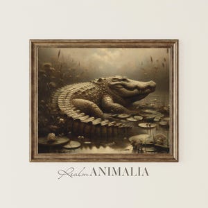 Könnte beinhalten: Ein sepiafarbener gerahmter Kunstdruck mit einer detaillierten Illustration eines Alligators, der in einem Sumpf ruht. Das Kunstwerk zeigt Seerosen, hohes Gras und einen bewölkten Himmel. Der Text "Realm Animalia" befindet sich unten.