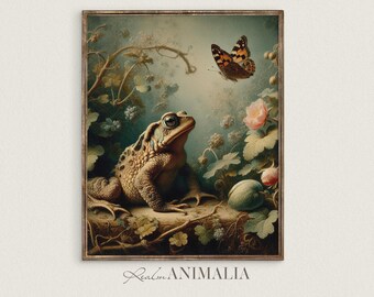 Toad and Butterfly Print, Vintage Nature Wall Art, Nursery Room Animal Decor (Digital Download)