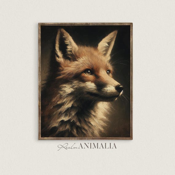 Fox Portrait Painting, Vintage Animal Art, Moody Wildlife Printable Wall Art, Fox Fine Art Prints, Dark Cottagecore Academia Decor | FX001
