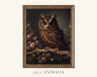 Vintage Owl Oil Painting | Moody Botanical Owl Printable Wall Art | Forest Bird Digital Download Print | Dark Cottagecore Nature Art | OW004