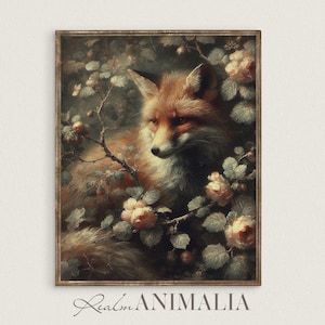 Fox Painting Vintage Art | PRINTABLE Floral Botanical Fox Fine Art Print | Moody Romantic Red Fox Wall Decor | Fox Digital Download | FX012