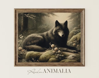 Black Wolf Art Print: Moody Forest Wildlife Landscape (Digital Download) WF002