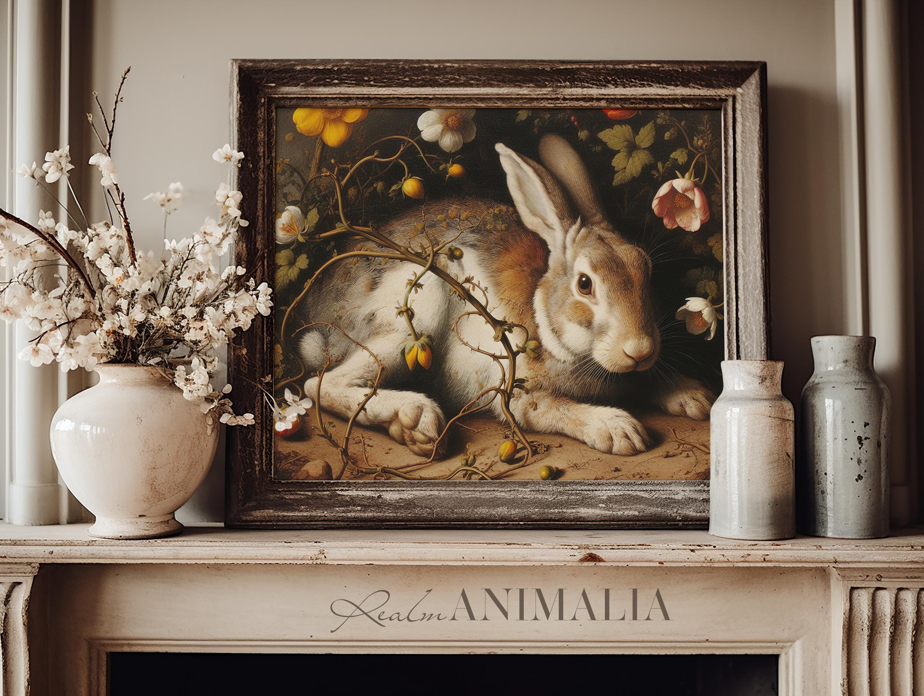 Vintage Rabbit Print, Floral Animal Wall Art, Antique Style Bunny ...