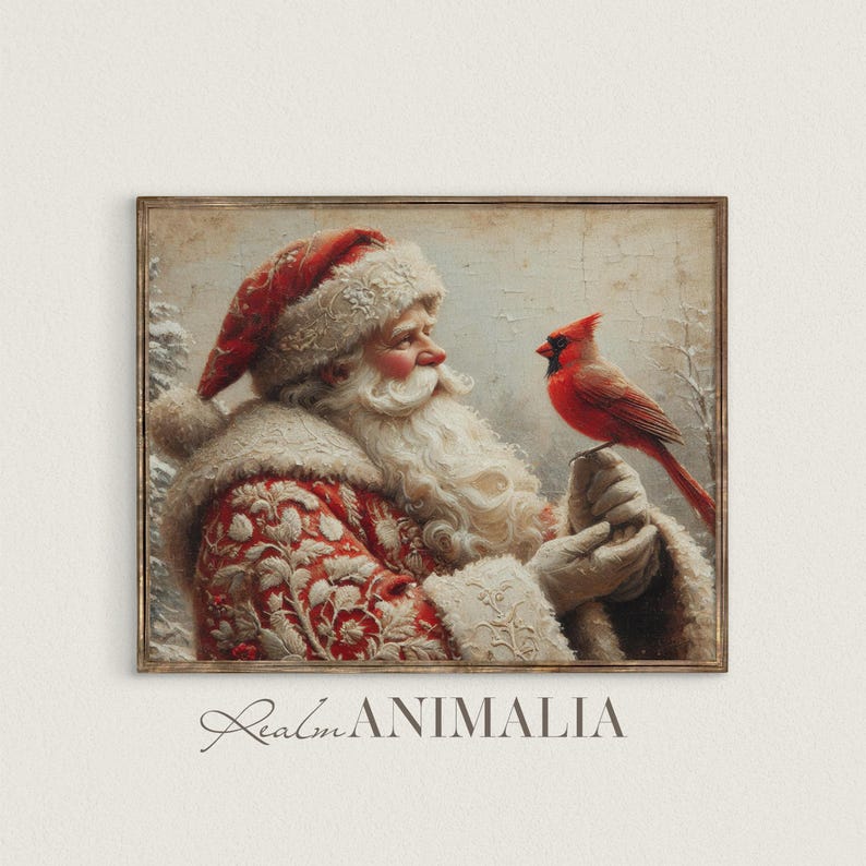 Santa and Cardinal Bird Art Print, Printable Vintage Christmas Wall Art ...