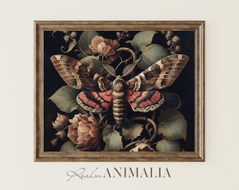 Moth Botanical Art Print, Dark Academia Wall Decor, Vintage Insect Illustration