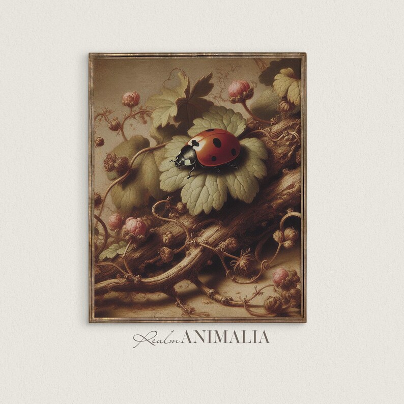 Ladybug Botanical Art Print: Vintage Cottagecore Nature Painting ...