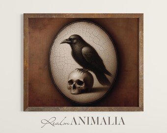 Raven on Skull Gothic Art Print: Vintage Dark Academia Halloween Decor (Digital Download) HW025