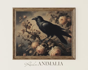 Vintage Raven Art Print, Moody Floral Crow Painting (Digital Download)