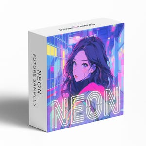 May include: A white box with the text "FUTURE SAMPLES" and "NEON" in a neon-style font. The box features an anime-style illustration of a woman with purple hair and a pink jacket, set against a neon-lit cityscape.
