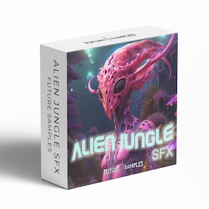 May include: A white box with the text "Alien Jungle SFX" and a pink alien illustration. The box features a vibrant image of an alien creature in a jungle setting, with the words "Future Samples" at the top and bottom.