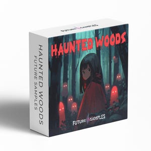 May include: A white box with the words "HAUNTED WOODS" in red dripping text. The box art features an anime-style illustration of a person in a red cloak in a dark forest with glowing ghost-like figures. The text "FUTURE SAMPLES" is also visible.