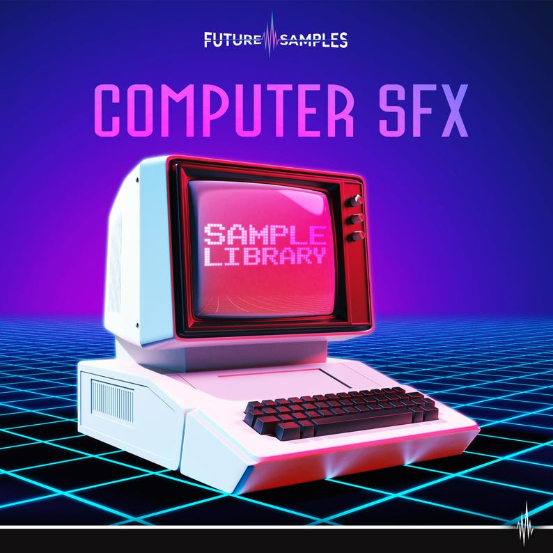 May include: A white retro computer with a red and white monitor displaying the text "SAMPLE LIBRARY" against a pink and purple background with a blue and black grid pattern.