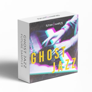 Könnte beinhalten: Eine weiße Box mit dem Text "GHOST JAZZ FUTURE SAMPLES" in Gelb und einem verschwommenen Bild von Händen, die ein Keyboard spielen. Das Bild hat ein lila und teal Farbschema.