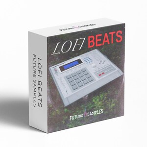 Könnte beinhalten: Eine weiße Box mit den Worten "LOFI BEATS" in roter und weißer Schrift. Die Box zeigt ein Bild eines grauen elektronischen Musikproduktionsgeräts. Der Text "FUTURE SAMPLES" ist ebenfalls sichtbar.