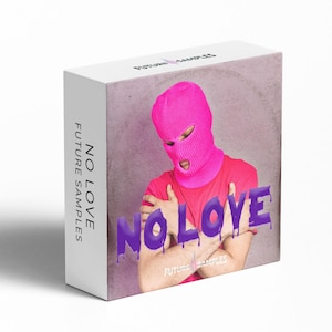 May include: A product box featuring a person wearing a pink balaclava and a pink shirt. The words "NO LOVE" are in purple dripping font. The box also has the text "FUTURE SAMPLES".