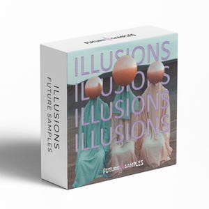 May include: A white box with the word "ILLUSIONS" in lavender letters. The box features an image of three figures with orange and white spherical heads and draped in pastel-colored fabric. The text "FUTURE SAMPLES" is also visible.
