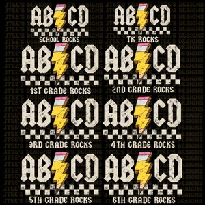 ABCD School Rocks - tk - 1st Grade - 2nd Grade - 3rd Grade - 4th Grade - 5th Grade - 6th Grade - Retro - School T-Shirt - PNG - ACDC Shirt