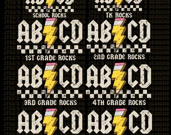 ABCD School Rocks - tk - 1° grado - 2° grado - 3° grado - 4° grado - 5° grado - 6° grado - Retro - Maglietta della scuola - PNG - Maglietta ACDC