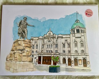 May include: Watercolor painting of a building with a green dome and a statue of a man holding a sword. The building has the words "His Majesty" above the entrance. A small pink sticker with "Handmade with love" is in the upper right corner.