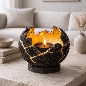 May include: A decorative candle holder with a textured, dark brown exterior and gold accents. The interior is gold, and a lit candle sits inside. The holder is round with a pedestal base, suitable for home decor.