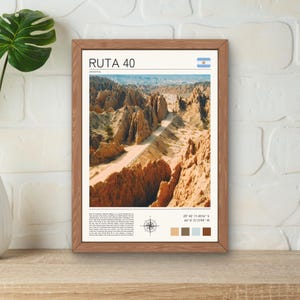 May include: A framed print with a scenic image of a winding road through a desert landscape with rocky cliffs. The print features the text "RUTA 40" and the flag of Argentina. The coordinates "29° 42' 11.4516" S 66° 8' 31.5744" W" are also included.