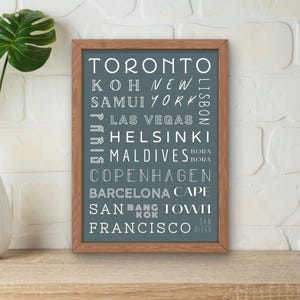 Könnte beinhalten: Ein gerahmter Druck mit teal-farbenem Hintergrund und weißem Text mit Städtenamen wie Toronto, New York und Paris. Der Holzrahmen verleiht dem Kunstwerk mit Reisethema eine rustikale Note.
