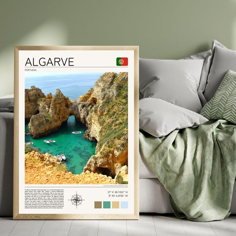 Pu&ograve; includere: Un poster con una foto di una costa rocciosa con un mare blu turchese. Il poster ha il testo "ALGARVE" e "PORTUGAL" in nero. Il poster include anche una bussola, una mappa e le coordinate "37&deg; 4' 48.7452" N 8&deg; 42' 6.6936" W".