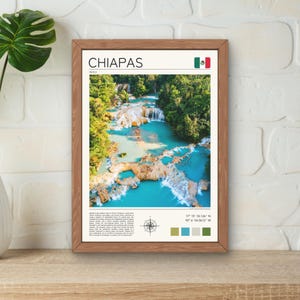 Może przedstawiać: Oprawiony wydruk przedstawiający turkusowy wodospad w Chiapas, Meksyk. Wydruk zawiera napis "CHIAPAS", meksykańską flagę i współrzędne. Obraz jest oprawiony w drewnianą ramę.