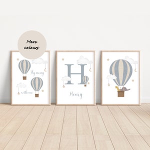 Set Of 3 Personalised Hot Air Balloon Animals Prints, Nursery, Playroom, Children’s Poster, Girls Boys Bedroom, Kids Wall Art, A3 A4 Print