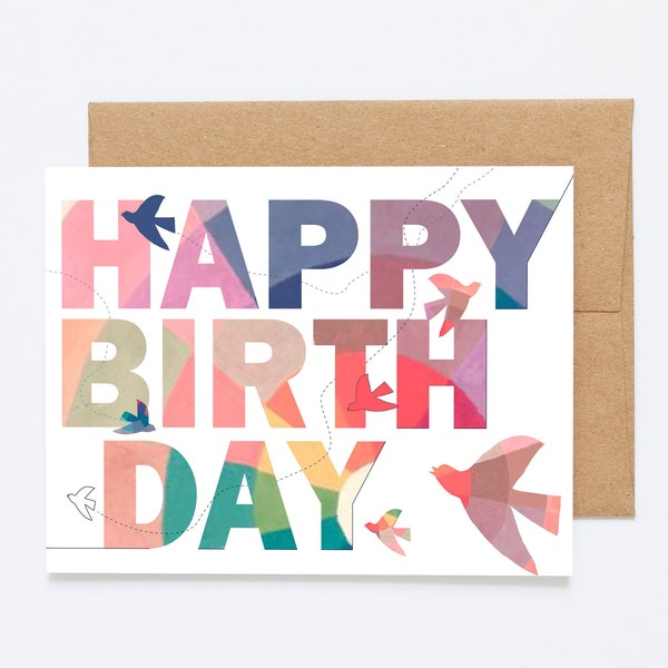 BIRDS in FLIGHT - Colorful Happy Birthday greeting card