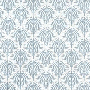 May include: A repeating pattern of stylized blue palm fronds on a white background. The fronds are arranged in a symmetrical, overlapping design, creating a textured, organic aesthetic. The design is suitable for wallpaper or fabric.