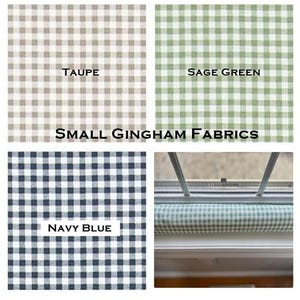 May include: Image showcasing four small gingham fabric swatches in taupe, sage green, and navy blue. The text "SMALL GINGHAM FABRICS" is centered. A window seat cushion in a light blue gingham pattern is also shown.