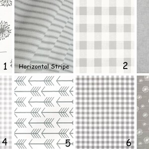 May include: A collection of fabric swatches with various patterns. Includes a white background with gray dandelion designs, gray and white horizontal stripes, a gray and white gingham check, a solid gray, and a gray arrow pattern.