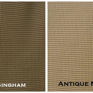 May include: Two fabric swatches with a mini gingham pattern. The left swatch is olive green, and the right swatch is antique. The text "OLIVE MINI GINGHAM" and "ANTIQUE MINI GINGHAM" are printed below each swatch.