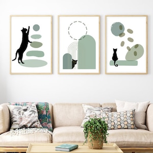 Sage Green Art Cat Wall Decor Prints Posters. Veterinary art Set of 3 digital printable wall decor art  Black cat cats olive greens A2 large