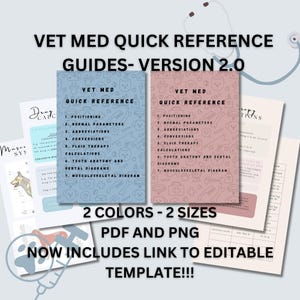 Guides de référence rapide Vet Med pour les infirmières, les techniciens et les étudiants vétérinaires. Téléchargement numérique imprimable 2 tailles et couleurs. Aide-mémoire pratiques